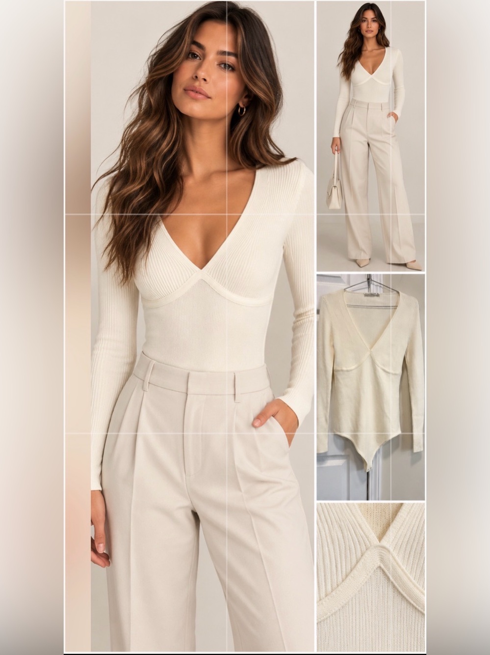 NWT Abercrombie & Fitch Ribbed V-Neck Long Sleeve Bodysuit Ivory M